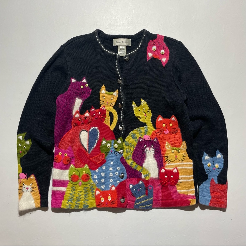 Susan Bristol Black Sweater with Colorful Cat Design